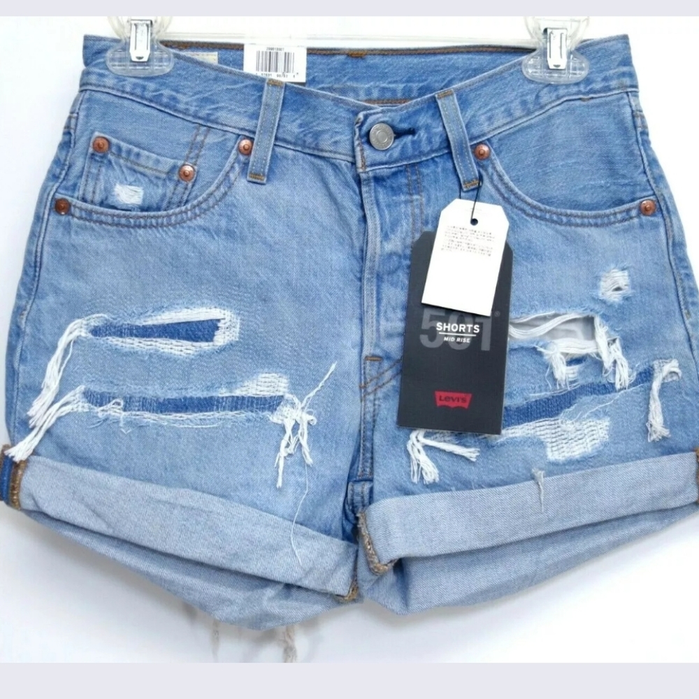 NWT Levi's 501 Destroyed Med Blue Shorts Sz 25